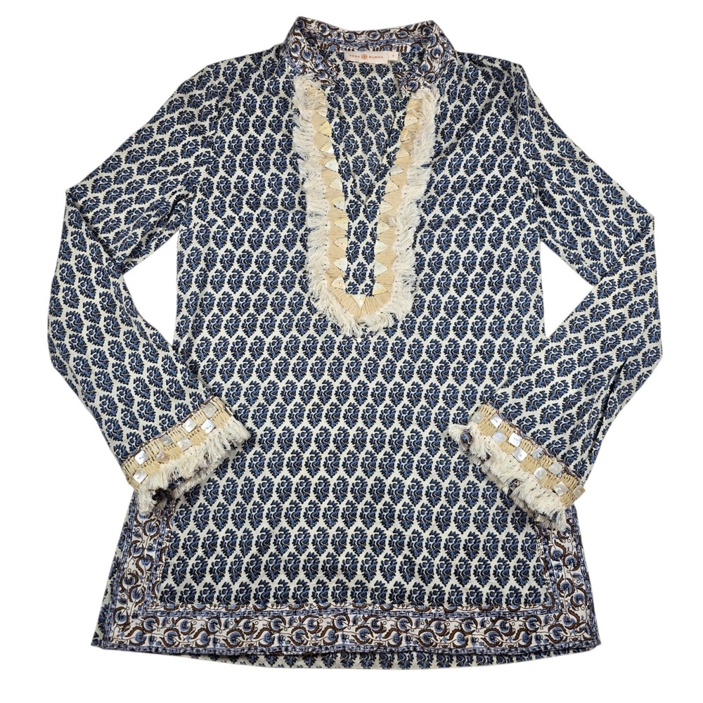 Tory Burch Ellise Paisley Geometric Blue Seashell Fringe Boho Beach Tunic Size 0